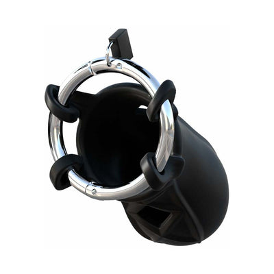 Black silicone chastity cage with a polished stainless steel adjustable ring and locking mechanism.