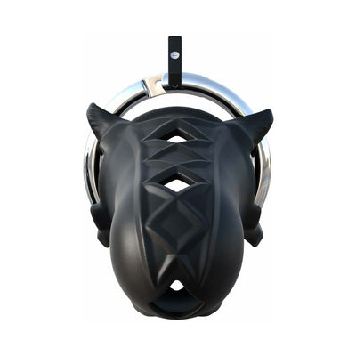 Black silicone chastity cage with geometric design and stainless steel locking ring.