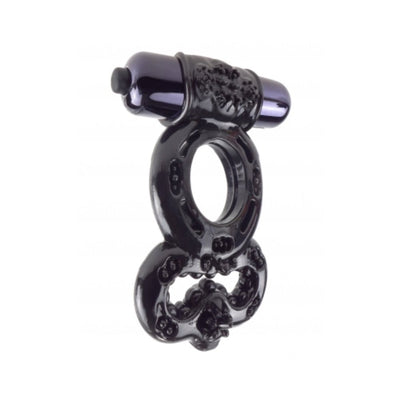 Black textured dual-ring cockring with attached vibrating bullet for enhanced stimulation.