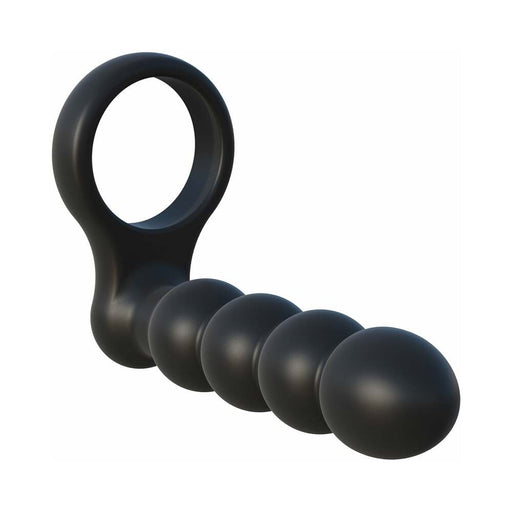 Black silicone double penetrator with graduated beads and a large circular handle for easy grip.