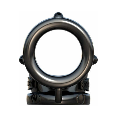 Black circular cock ring with textured nodules and adjustable straps for enhanced support and comfort.