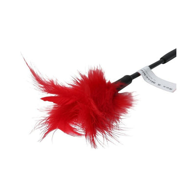 Red feather tickler with soft turkey feathers and black handle for gentle sensory play.