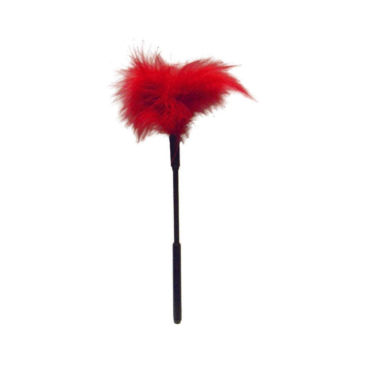 Red feather tickler with soft turkey feathers and a black handle, 7 inches long for sensory play.