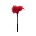 Red feather tickler with soft turkey feathers and a black handle, 7 inches long for sensory play.