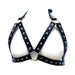 Black leather female chest harness with silver rivet studs and adjustable buckle straps on white background.