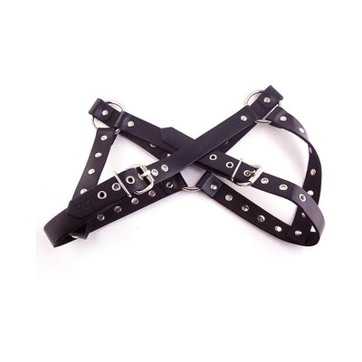Black leather female chest harness with adjustable buckles and silver rivet details on white background.