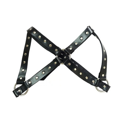 Black leather female chest harness with silver rivet studs and adjustable buckle straps on white background.