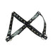 Black leather female chest harness with silver rivet studs and adjustable buckle straps on white background.