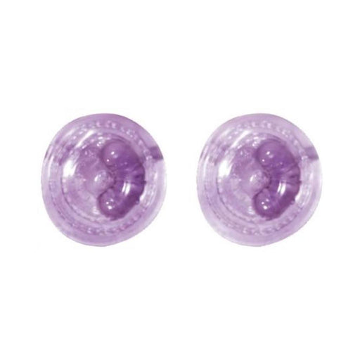 Lavender-colored round breast stimulators with textured jelly ticklers for targeted vibration and hands-free use.