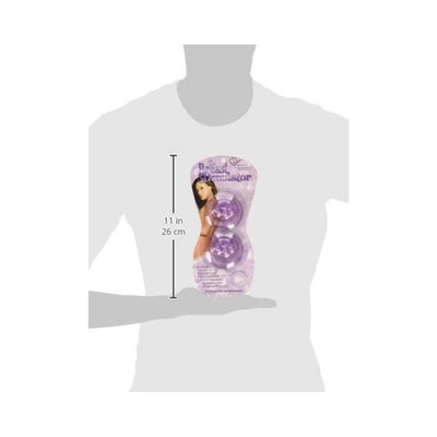 Lavender Femme Breast Stimulator packaging held in hand silhouette showing size 11 inches tall with dual circular stimulators.