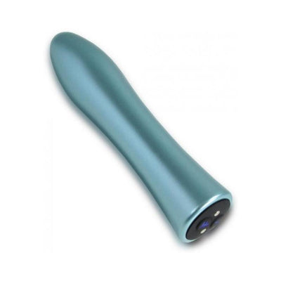 Sleek blue anodized aluminum bullet vibrator with curved design and control buttons on the base.