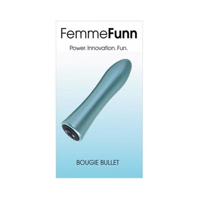 Sleek blue anodized aluminum Femme Funn Bougie Bullet with ergonomic shape and discreet control buttons.
