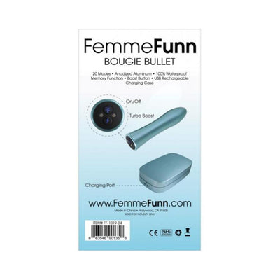 Blue anodized aluminum Femme Funn Bougie Bullet with charging case and control button details shown on packaging.