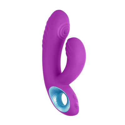 Purple silicone dual-motor Femme Funn Cora Thumping Rabbit vibrator with textured handle and ergonomic design.