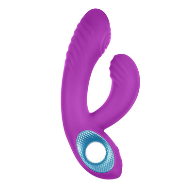 Purple silicone Femme Funn Cora Thumping Rabbit vibrator with textured grip and dual stimulation arms.