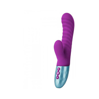 Purple dual-density liquid silicone rabbit vibrator with textured shaft and silver control base.