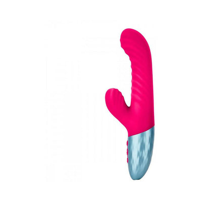 Purple dual-density rabbit vibrator with textured shaft and ergonomic handle, made of smooth liquid silicone.