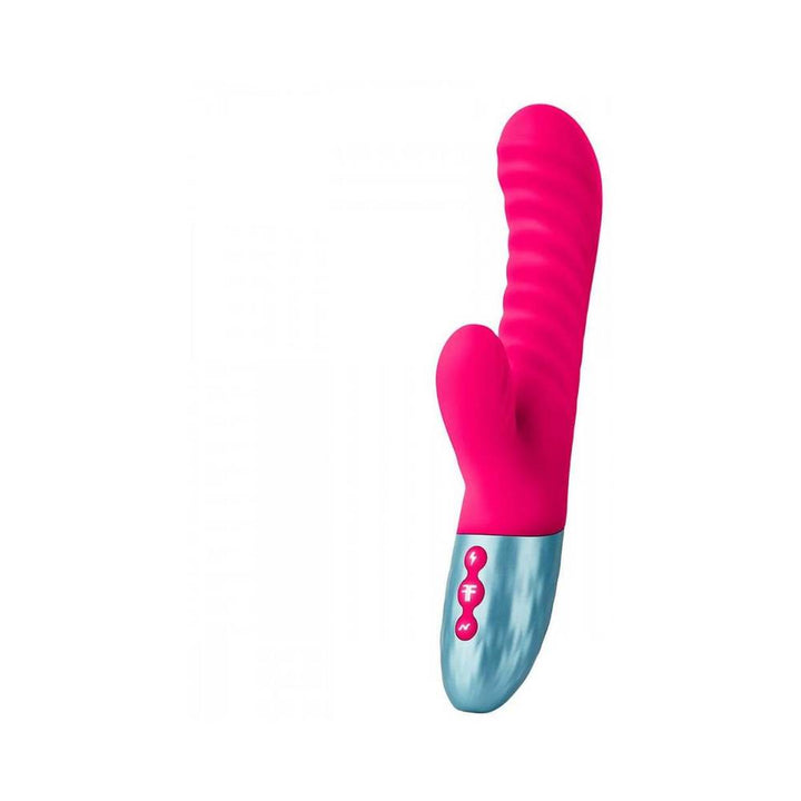Purple dual-density rabbit vibrator with textured shaft and curved clitoral stimulator, featuring silver base with control buttons.