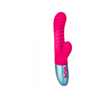 Purple dual-density rabbit vibrator with textured shaft and silver base featuring control buttons.
