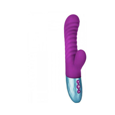 Purple dual-density rabbit vibrator with textured shaft and silver base featuring control buttons.