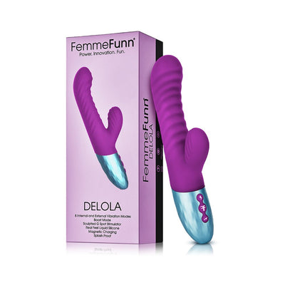 Purple Femme Funn Delola dual-density rabbit vibrator with textured silicone and metallic blue base next to its packaging box.