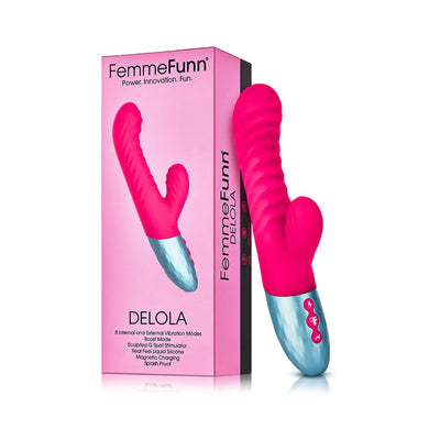 Pink Femme Funn Delola dual-density rabbit vibrator with textured shaft and silver control base next to its pink packaging box.