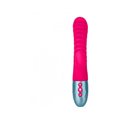 Pink dual-density liquid silicone rabbit vibrator with textured shaft and metallic base with control buttons.