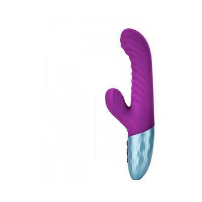Purple dual-density rabbit vibrator with wavy texture and silver base, designed for G-spot and clitoral stimulation.