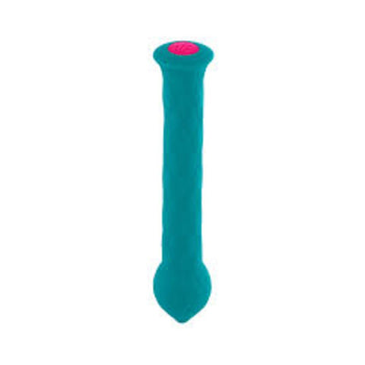 Teal textured silicone wand with rounded tip and pink button on top for versatile stimulation.