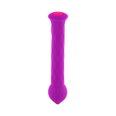 Purple textured silicone wand with a rounded tip and red power button on top, designed for targeted stimulation.