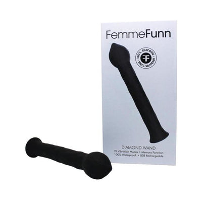 Black Femme Funn Diamond Wand with textured body and rounded tip displayed next to its white packaging box.