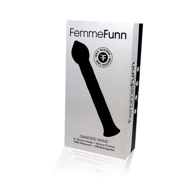 Femme Funn Diamond Wand packaging showing product silhouette and key features including 21 vibration modes and USB rechargeable design.