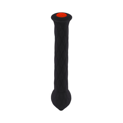 Black textured silicone wand with a rounded tip and red power button on top, designed for targeted stimulation.