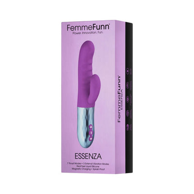 Purple Femme Funn Essenza Thrusting Rabbit vibrator with silver base shown on product packaging box.