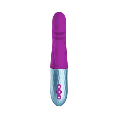 Purple silicone thrusting rabbit vibrator with textured silver handle and control buttons.