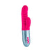 Pink and silver Femme Funn Essenza Thrusting Rabbit vibrator with textured shaft and control buttons on handle