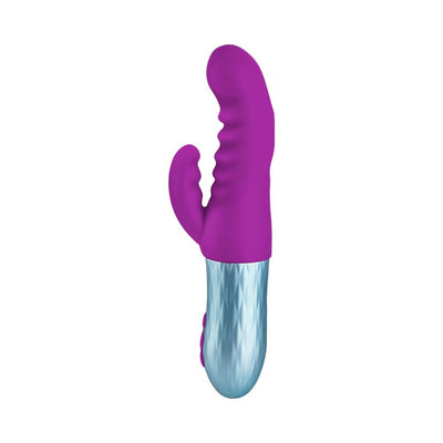 Purple dual-stimulation vibrator with textured shaft and silver ergonomic handle.