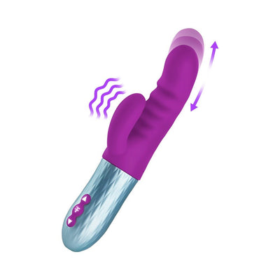 Purple dual-stimulation vibrator with textured shaft, flexible clitoral arm, and silver control handle with buttons.