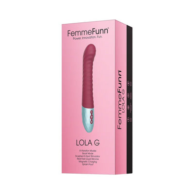 Femme Funn Lola G vibrator in maroon with textured design and light blue handle shown on pink packaging box.
