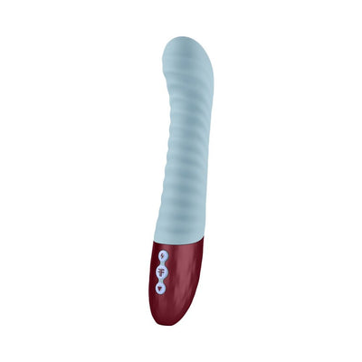 Sleek maroon and light blue curved vibrator with textured shaft and three-button control panel.