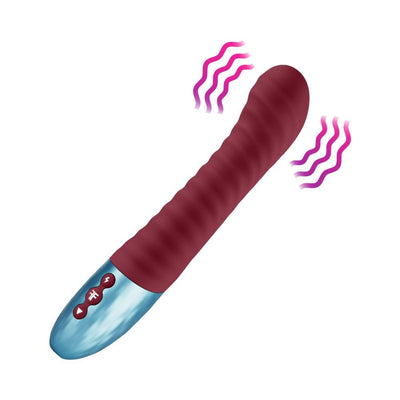 Maroon ribbed vibrator with blue base and control buttons, shown with vibration waves for intensity.