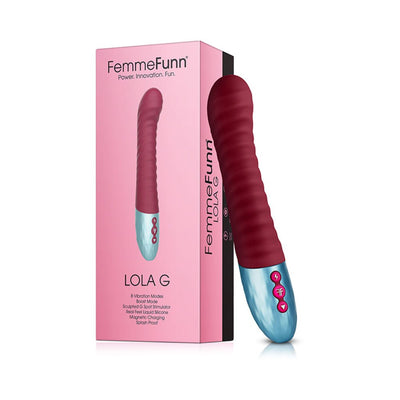 Maroon Femme Funn Lola G vibrator with textured design and blue control base shown next to pink product box.