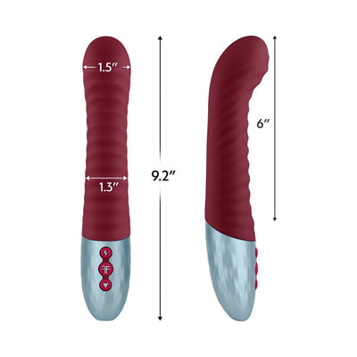 Maroon ribbed vibrator with silver base and control buttons, shown front and side with size measurements.