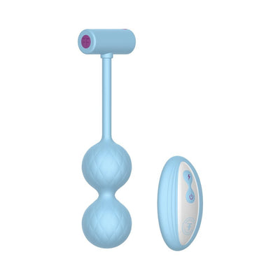 Light blue dual kegel balls with textured surface and matching wireless remote control.