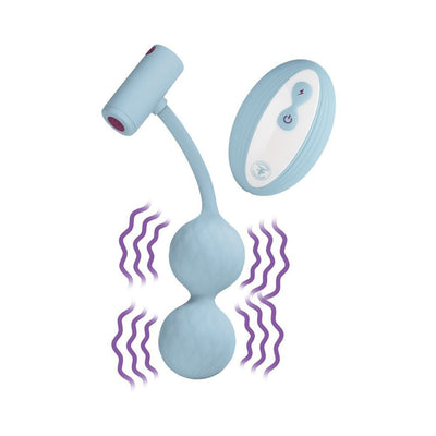 Light blue dual kegel balls with textured surface and wireless remote control, shown with vibration effect graphics.