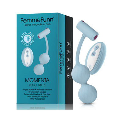 Femme Funn Momenta purple kegel balls with wireless remote and packaging on white background.