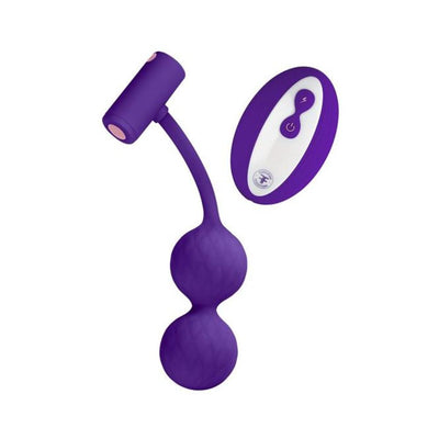 Purple silicone Femme Funn Momenta Kegel balls with wireless remote control on a white background.