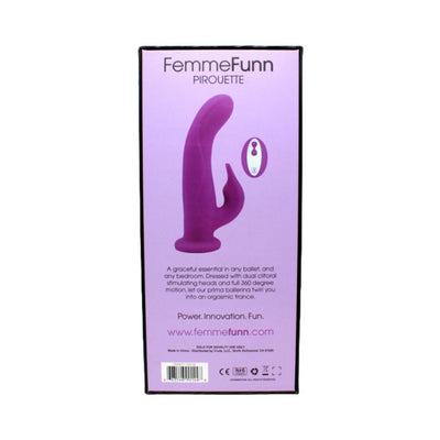 Packaging box of Femmefunn Pirouette Rabbit Vibrator in purple with product image and description on front.