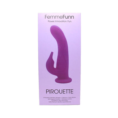 Purple Femmefunn Pirouette Rabbit Vibrator packaging showing product image and key features on a light purple background.