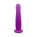 Purple silicone vibrator with a smooth, curved design and rounded base on a white background.